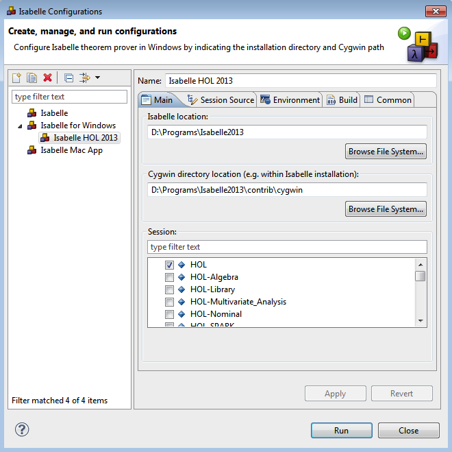 Isabelle for Windows launch configuration - Main