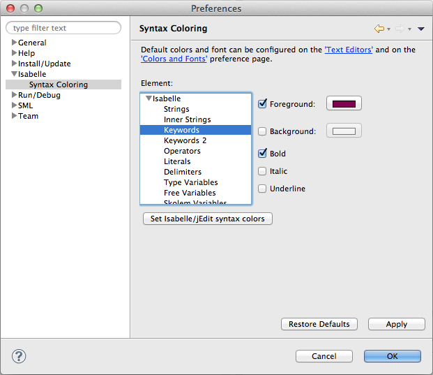 Isabelle syntax colouring preferences